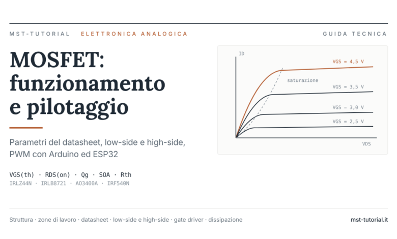 Copertina: MOSFET funzionamento e pilotaggio, con le caratteristiche di uscita ID-VDS a diverse tensioni di gate